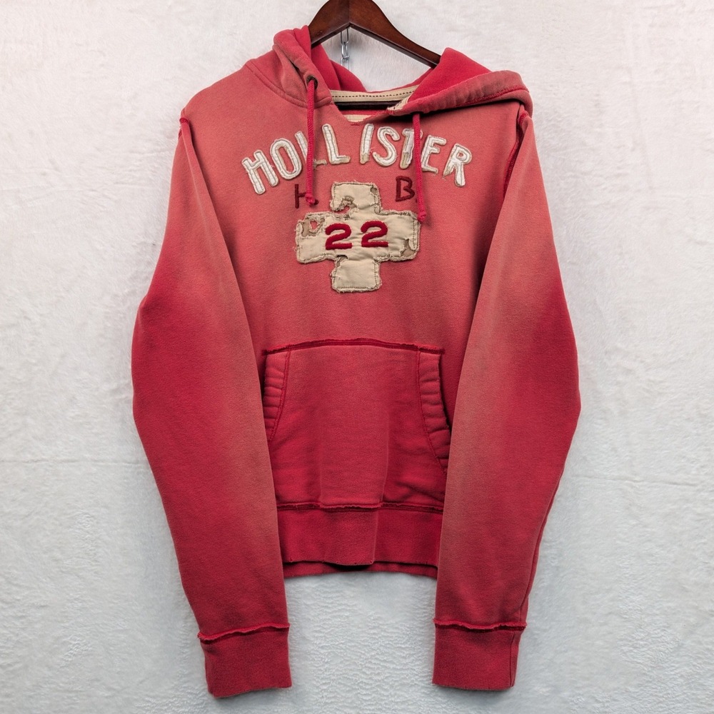 VTG Hollister Hoodie Men's L Red Faded Distressed Surf Skater Streetwear Y2K - Picture 1 of 8
